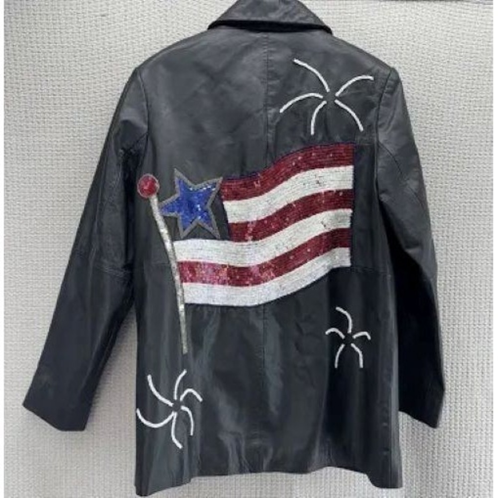 Quacker Factory Size L Black Leather Jacket Sequin Stars  American Flag NEW TAGS